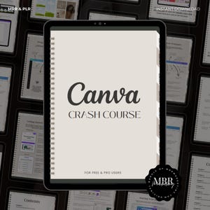 Puede incluir: Una tableta digital que muestra un curso intensivo de Canva para usuarios gratuitos y profesionales. La tableta está rodeada de otras tabletas digitales con diversos contenidos, incluyendo una tabla de contenidos, una sección sobre cómo empezar y una sección sobre tu espacio de trabajo.