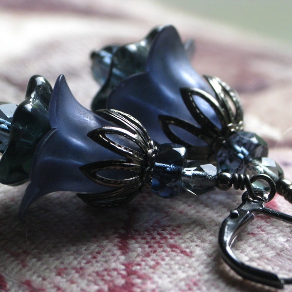 Stormy Blue Lucite Flower Earrings in Gunmetal