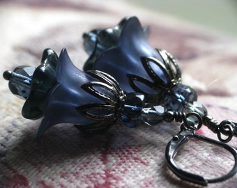 Stormy Blue Lucite Flower Earrings in Gunmetal