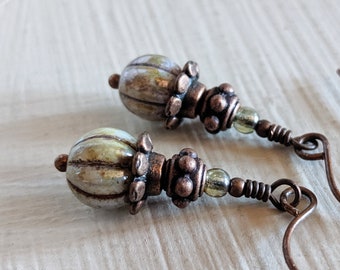 Vegetable Garden - Olive Green Glass Bead Earrings in Antiqued Copper