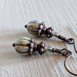Vegetable Garden - Olive Green Glass Bead Earrings in Antiqued Copper