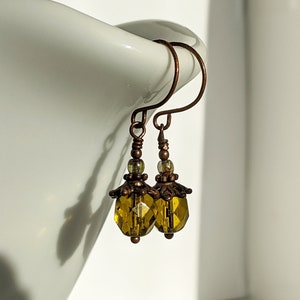 Petite Olive Droplet Earrings - Small, Dainty Boho Earrings with Olive Green Czech Glass Beads and Antiqued Copper - Earthy Green Earrings