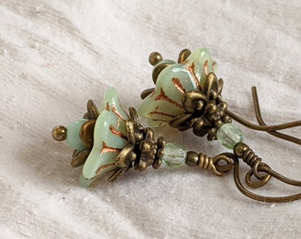 Key Lime Flower Earrings, Light Green Czech Glass Flower Earrings in Antiqued Brass, Victorian Style Earrings