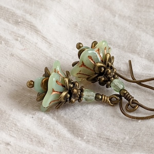 Key Lime Flower Earrings, Light Green Czech Glass Flower Earrings in Antiqued Brass, Victorian Style Earrings