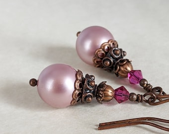 The Fairy Queen's Jewels - Dusty Rose Pink Victorian Style Crystal Pearl Earrings in Antiqued Copper