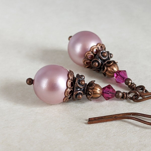 The Fairy Queen's Jewels - Dusty Rose Pink Victorian Style Crystal Pearl Earrings in Antiqued Copper
