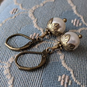 Dainty Victorian Style Pearl Drop Earrings in Antiqued Brass, with White Crystal Pearls