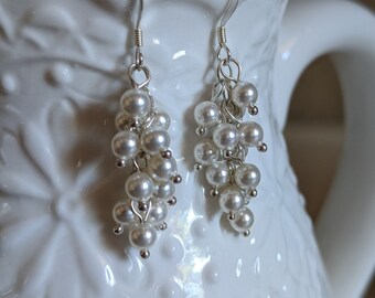 Long Pearl Cluster Earrings, Tiny White Swarovski Pearls and Solid Sterling Silver, Long Dangle Earrings, Wedding Jewelry