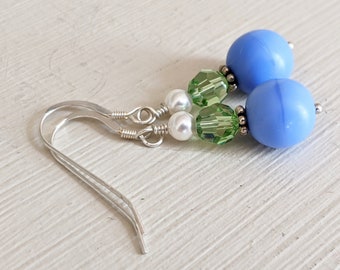 Springtime Earrings - Blue Czech Glass Beads, Green Swarovski Crystals, White Crystal Pearls, and Solid Sterling Silver
