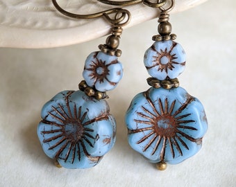 Azure Blue Stacked Czech Glass Flower Earrings in Antiqued Brass, Blue Earrings, Blue Flower Earrings, Blue Glass Earrings, Floral Earrings