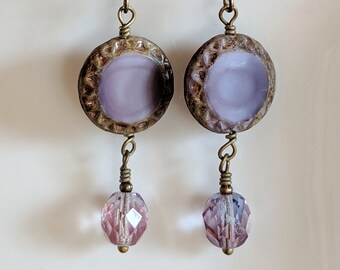 Purple Czech Glass Dangle Earrings in Antiqued Brass