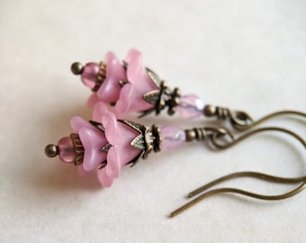 Little Pink Lucite Flower Earrings - Fairy Flower Earrings - Antiqued Brass Earrings