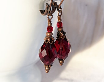 Dark Garnet Red Czech Glass Teardrop Earrings in Antiqued Copper