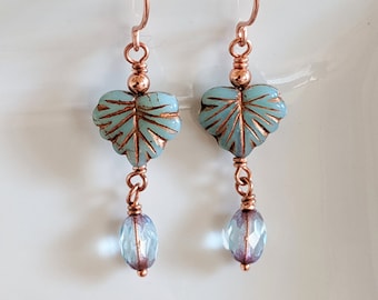 Pale Blue Czech Glass Leaf Earrings in Copper