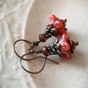 Victorian Bellflower Earrings in Burnt Red, Victorian Style Flower Earrings with Czech Glass and Antiqued Brass