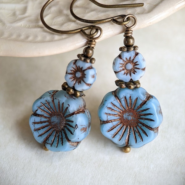 Azure Blue Stacked Czech Glass Flower Earrings in Antiqued Brass, Blue Earrings, Blue Flower Earrings, Blue Glass Earrings, Floral Earrings