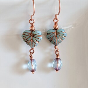 Pale Blue Czech Glass Leaf Earrings in Raw Copper