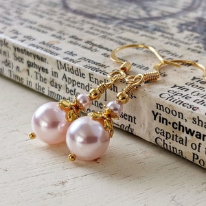 Delicate Light Pink Pearl Drop Earrings in Gold, with Pale Pastel Pink Swarovski Crystal Pearls - Bridesmaid Earrings, Gift for Her