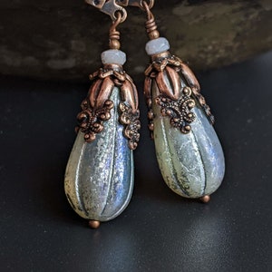 Iridescent Grey Victorian Style Teardrop Earrings, with Long Silvery Glass Beads and Ornate Antiqued Copper - Large Earrings