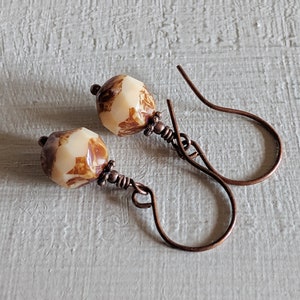 Carved - Earthy Brown Czech Glass Earrings in Antiqued Copper