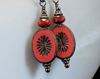 Opaque Red Czech Glass Oval Earrings in Black Metal, Red and Gunmetal Earrings, Beaded Dangle Earrings, Red and Black