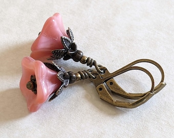 Dreamy, Coral Pink Flower Earrings in a Romantic Style with Antiqued Brass and Leverback Earwires