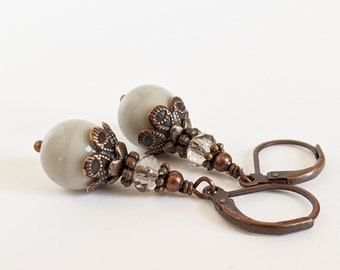 Rustic Vintage Style Earrings with Light Grey Czech Glass Beads and Antiqued Copper - Leverback Earrings