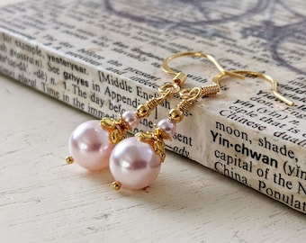 Delicate Light Pink Pearl Drop Earrings in Gold, with Pale Pastel Pink Swarovski Crystal Pearls - Bridesmaid Earrings, Gift for Her