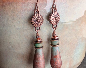Rustic Teal Dangle Earrings with Antiqued Copper and Czech Glass Beads