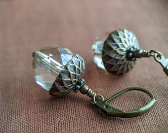 Champagne Yellow Czech Glass Acorn Earrings in Antiqued Brass, Autumn Jewelry, Fall Earrings, Nature Earrings, Vintage Style