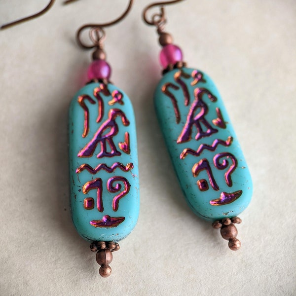 Bright Teal Egyptian Hieroglyph Earrings in Antiqued Copper with Iridescent Pink and Red Details, Boho Style Egyptian Cartouche Earrings