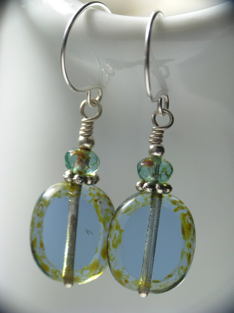 Simple Blue and Green Czech Glass Earrings in Silver