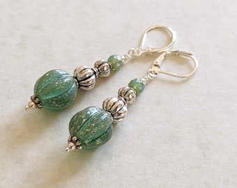 Fluted Melon Stack Dangle Earrings with Silver Dusted Teal Czech Glass Beads