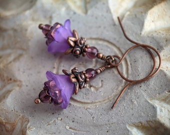 Little Grape Lucite Flower Earrings in Antiqued Copper, Petite Purple Flower Earrings, Floral Earrings, French or Leverback Earwires