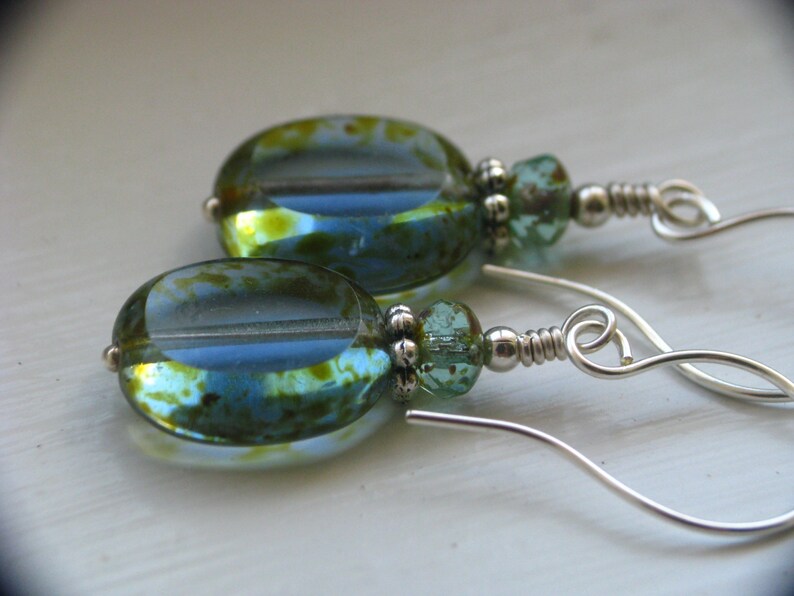 Simple Blue and Green Czech Glass Earrings in Silver