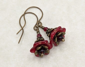 Cherry Red Flower Earrings - Red Czech Glass Flower Earrings in Antiqued Brass - Victorian Style Earrings