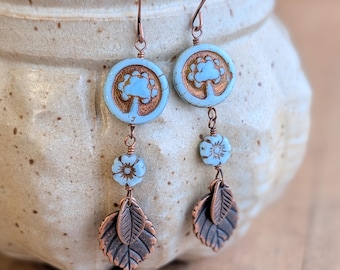 Sky Blue Czech Glass Tree Earrings with Dangling Antiqued Copper Leaves