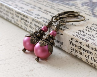 Vivid Magenta Victorian Style Pearl Earrings in Antiqued Brass, Vintage Style Pearl Drop Earrings, Magenta Earrings, Bright Pink Earrings