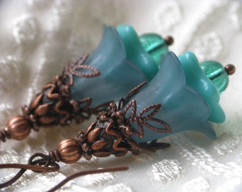 LAST PAIR. Soft Teal and Copper Lucite Flower Earrings - Boho Flower Earrings