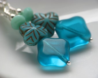 Turquoise Stack Earrings - Blue and Turquoise Czech Glass Bead Earrings in Silver