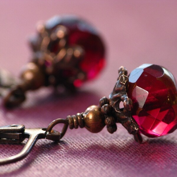 Passion Earrings - Fuschia Red Firepolished Beads and Antiqued Copper