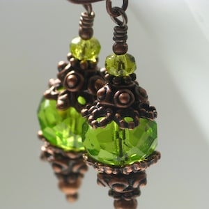 Green Magic Earrings - Grass Green Czech Glass Beads and Antiqued Copper