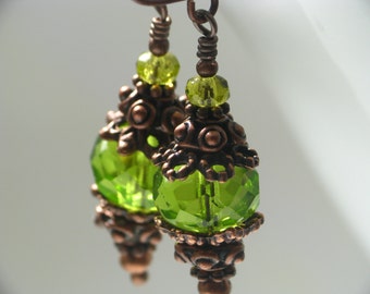 Green Magic Earrings - Grass Green Czech Glass Beads and Antiqued Copper