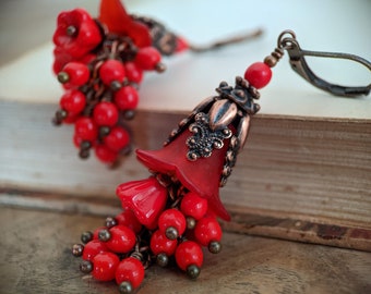 Bright Red Lucite Flower Earrings with Intricate Antiqued Copper Details and Cascading Clusters of Opaque Fire Engine Red Glass Beads