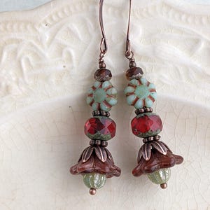 Rustic Red, Brown, and Sage Flower Earrings in Antiqued Copper, Made with Czech Glass Beads