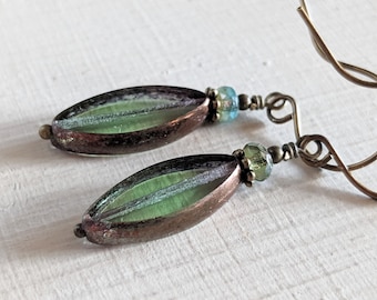 Spearmint Earrings - Green Czech Glass Earrings in Antiqued Brass