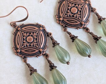 Boho Chandelier Earrings with Absinthe Green Czech Glass Beads and Antiqued Copper