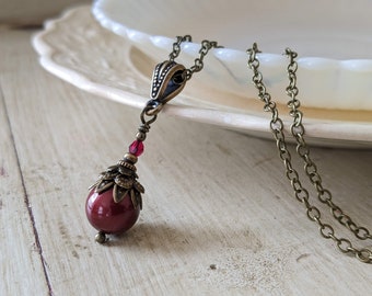 Cranberry Red Vintage Style Pearl Drop Necklace, with Antiqued Brass Chain and Austrian Crystal Pearls