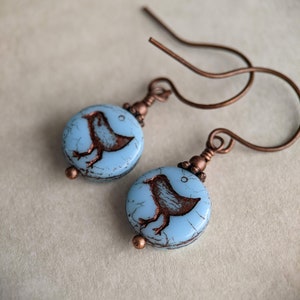 Little Sky Blue Czech Glass Birdie Earrings in Antiqued Copper, Bird Earrings for Spring