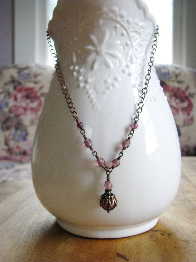 Vintage Style Purple Czech Glass and Antiqued Copper Necklace zdjęcie 4